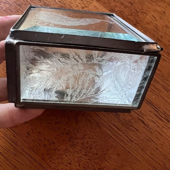 Square Beveled Glass & Metal Footed Jewelry Trinket Box Casket peacock Design 3” - Picture 5 of 9